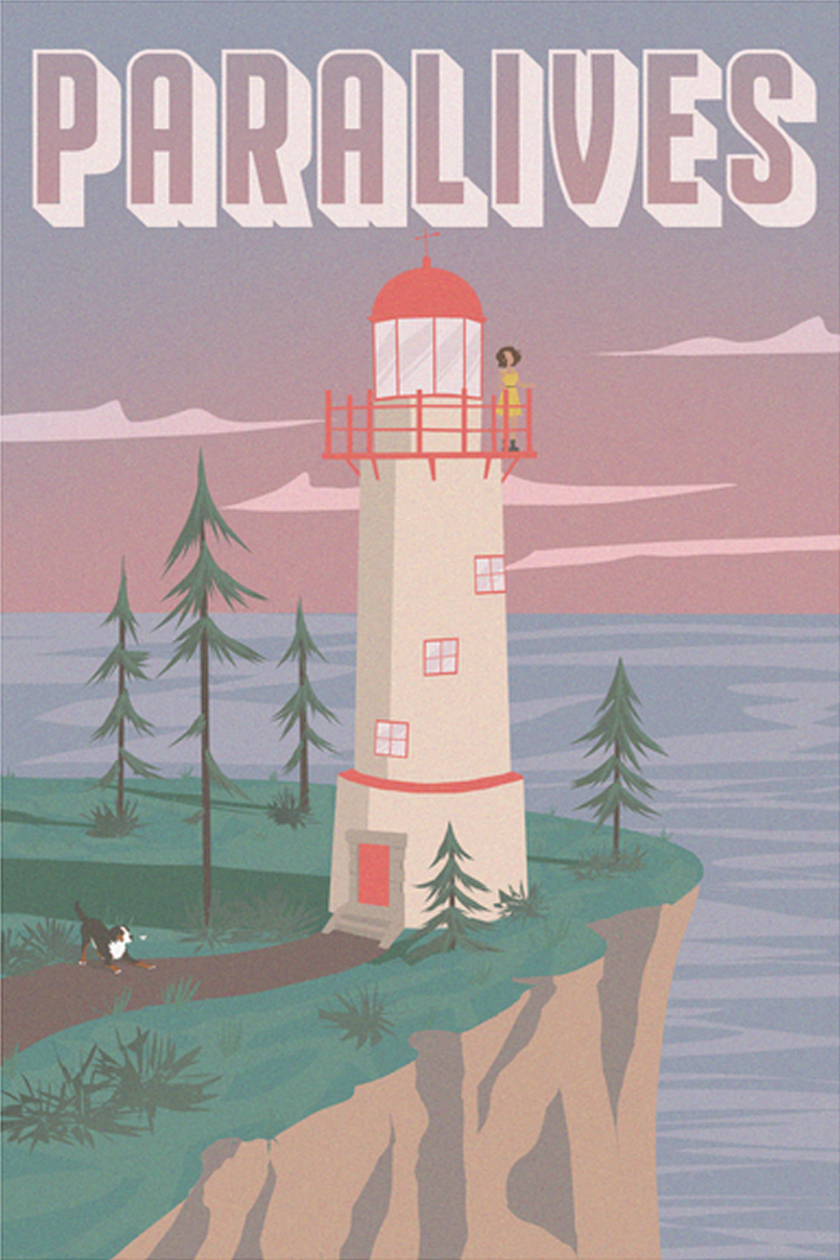 Poster com o desenho de uma paisagem que mostra um farol na beira de um penhasco marítmo no entardecer